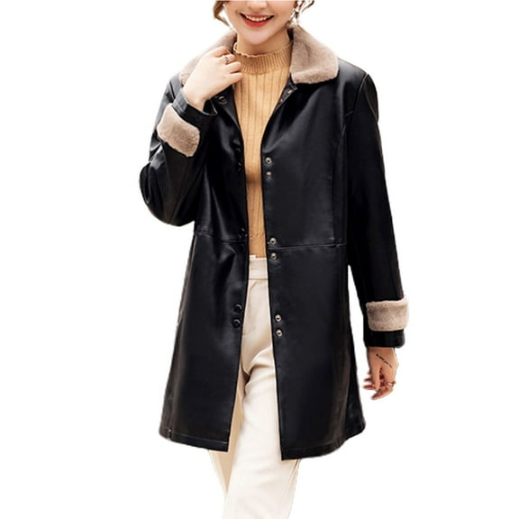 SWSMCLT Women's Long Coat Faux Leather Jacket Vintage Coats Windbreaker Winter Fall Fashion Long Sleeve Lapel Spring Classic Black Small