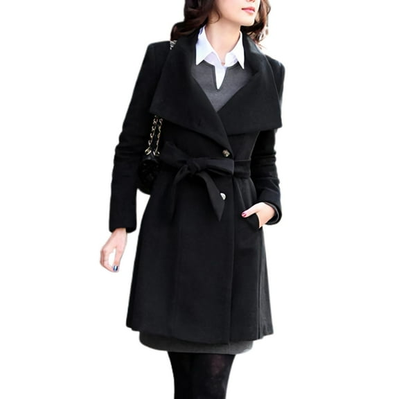 SWSMCLT Women's Long Coats Fall Coat Warm Single Breasted Long Sleeve Winter Belted Casual Lapel Outerwear Black Small
