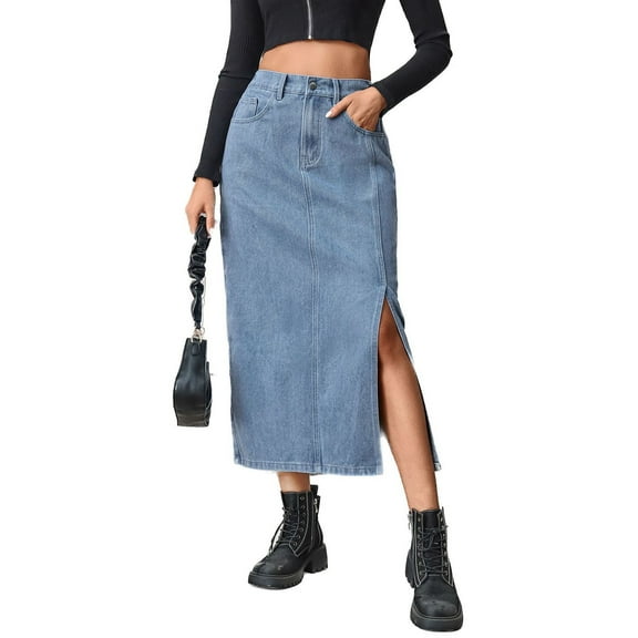 SWSMCLT Women's Long Denim Skirt Cute Fashion Pockets Midi Jean Skirts Elastic Waist Light Wash Maxi High Waist Side Split Western Casual Blue Medium