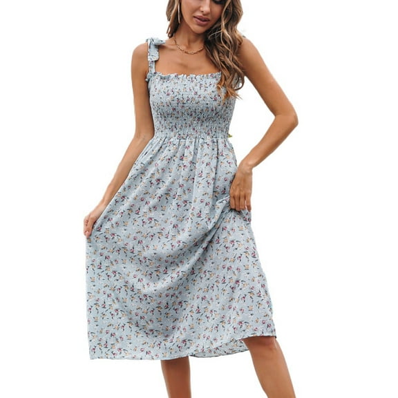 SWSMCLT Women's Long Dress Printed Casual Ruched Summer Dresses Elegant Floral Chiffon Mid Calf Holiday Sundress Light Blue Medium