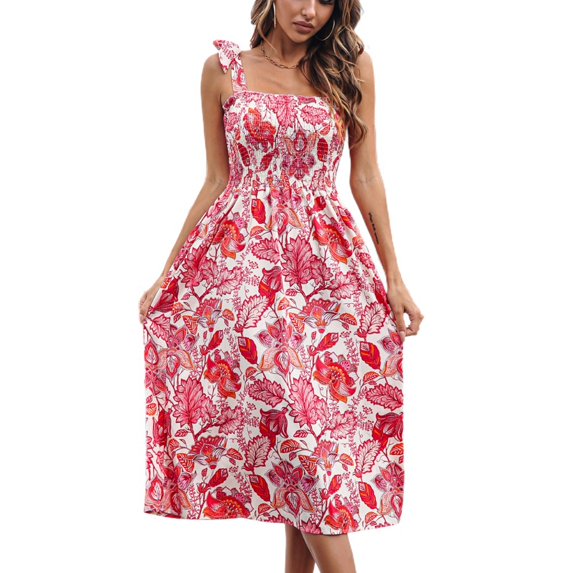 SWSMCLT Women's Long Dress Printed Casual Ruched Summer Dresses Elegant Floral Chiffon Mid Calf Holiday Sundress Red Small