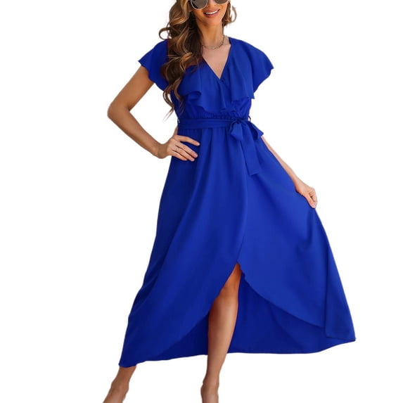 SWSMCLT Women's Long Dress Summer Sexy Wrap Front Spring High Slit Knotted Casual Party Dresses V Neck Ruffle Short Sleeve Swing Pleated Blue Medium