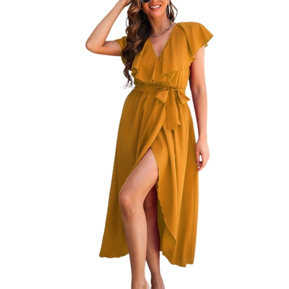 SWSMCLT Women's Long Dress Summer Sexy Wrap Front Spring High Slit Knotted Casual Party Dresses V Neck Ruffle Short Sleeve Swing Pleated Golden Large