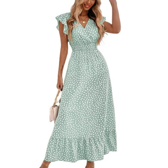 SWSMCLT Women's Long Dress Summer Sundress Ruffle Casual Fashion Dresses Fall V Neck Fitted Ruched Spring Light Green Large