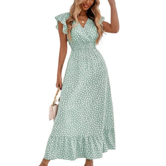 SWSMCLT Women's Long Dress Summer Sundress Ruffle Casual Fashion Dresses Fall V Neck Fitted Ruched Spring Light Green X-Large
