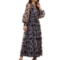 thumbnail image 1 of SWSMCLT Women's Long Dresses V Neck Tulle 2 Layered Swing Maxi Long Sleeve Dress Mesh Floral Printed Flowy Criss Cross Wrap Dress Grey Large, 1 of 2