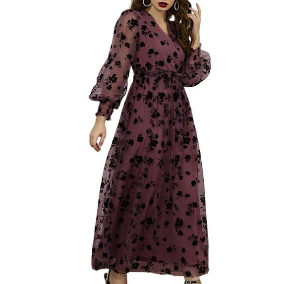 SWSMCLT Women's Long Dresses V Neck Tulle 2 Layered Swing Maxi Long Sleeve Dress Mesh Floral Printed Flowy Criss Cross Wrap Dress Vermillion Small