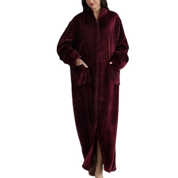 SWSMCLT Women's Long Housecoat Fuzzy Bath Robe Zipper Thick Fleece Oversized House Coat Warm Winter Flannel Zip Up Plush Duster Bathrobe Burgundy X-Small-Small