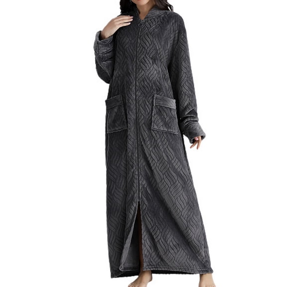SWSMCLT Women's Long Housecoat Fuzzy Bath Robe Zipper Thick Fleece Oversized House Coat Warm Winter Flannel Zip Up Plush Duster Bathrobe Grey Medium-Large