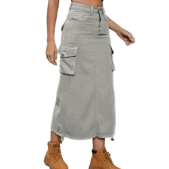 SWSMCLT Women's Long Jean Skirt Back High Slit Utility Multi Pockets Long Denim Skirt Tea Length Y2K Cargo Skirt Jean Adjustable Drawstring Casual A-Line Light Grey Large