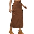 thumbnail image 1 of SWSMCLT Women's Long Jean Skirt Back High Slit Utility Multi Pockets Long Denim Skirt Tea Length Y2K Cargo Skirt Jean Adjustable Drawstring Casual A-Line Brown Small, 1 of 5