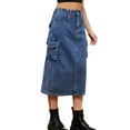 thumbnail image 1 of SWSMCLT Women's Long Jean Skirt Back High Slit Utility Multi Pockets Long Denim Skirt Tea Length Y2K Cargo Skirt Jean Adjustable Drawstring Casual A-Line Blue Medium, 1 of 5
