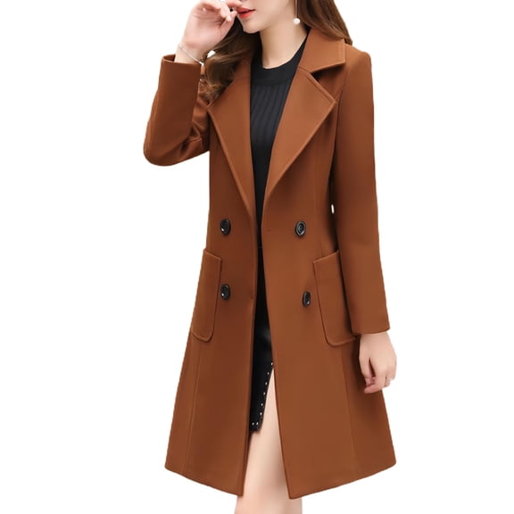 SWSMCLT Women's Long Pea Coats Fashion Winter Coat Double Breasted Overcoat Fall Trench Coat Warm Elegant Thick Lapel Pocket Brown Small