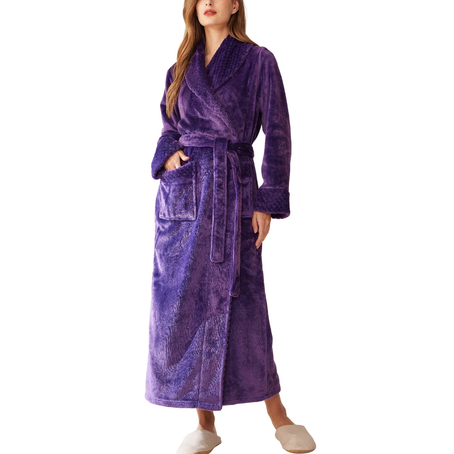 SWSMCLT Women's Long Plush Bathrobe Fleece Robe Dark Purple Medium ...
