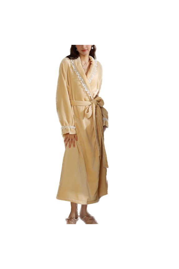 Women's Long Plush Robe Warm Cute Lace Shawl Collar Maxi Fuzzy Fleece Full Length Bath Robe Thick Winter Belted Comfy Soft Bishop Long Sleeve Fluffy House Coat Ruffle Yellow Medium