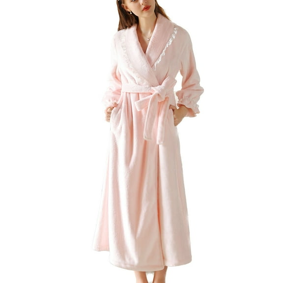SWSMCLT Women's Long Plush Robe Warm Cute Lace Shawl Collar Maxi Fuzzy Fleece Full Length Bath Robe Thick Winter Belted Comfy Soft Bishop Long Sleeve Fluffy House Coat Ruffle Pink Large