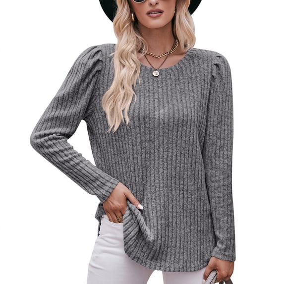 SWSMCLT Women's Long Puff Sleeve Knit Fall Top Loose Fit Boat Neck Fashion Sweatshirt Pullover Sweater Tshirt Soft Ribbed Dark Grey Large