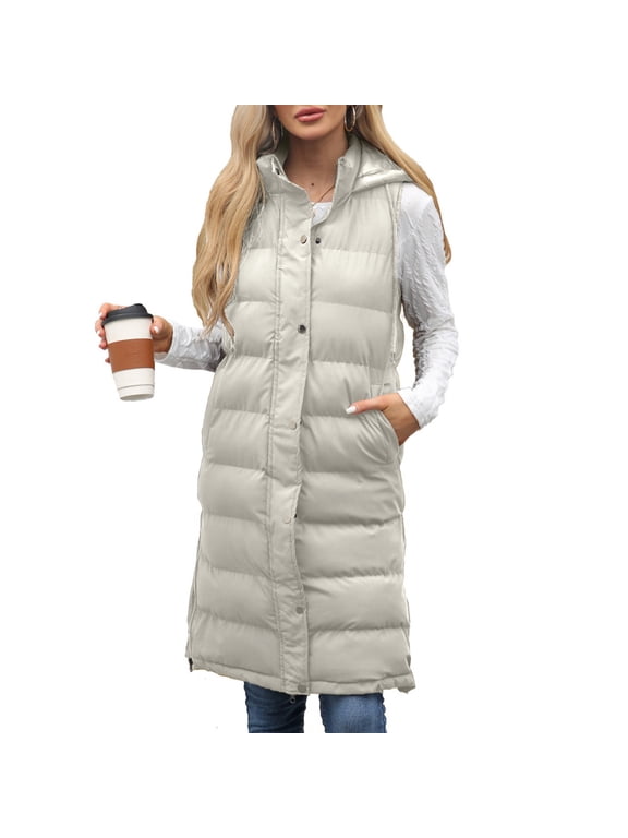 Women's Long Puffer Vest Puffy Casual Coats Quilted Jacket Bubble Outerwear Cold Weather Drawstring Knee Length Side Slit Hood Sleeveless Top Beige Large