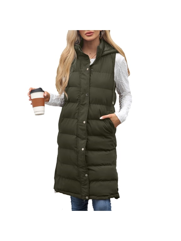 Women's Long Puffer Vest Puffy Casual Coats Quilted Jacket Bubble Outerwear Cold Weather Drawstring Knee Length Side Slit Hood Sleeveless Top Army Green XX-Large