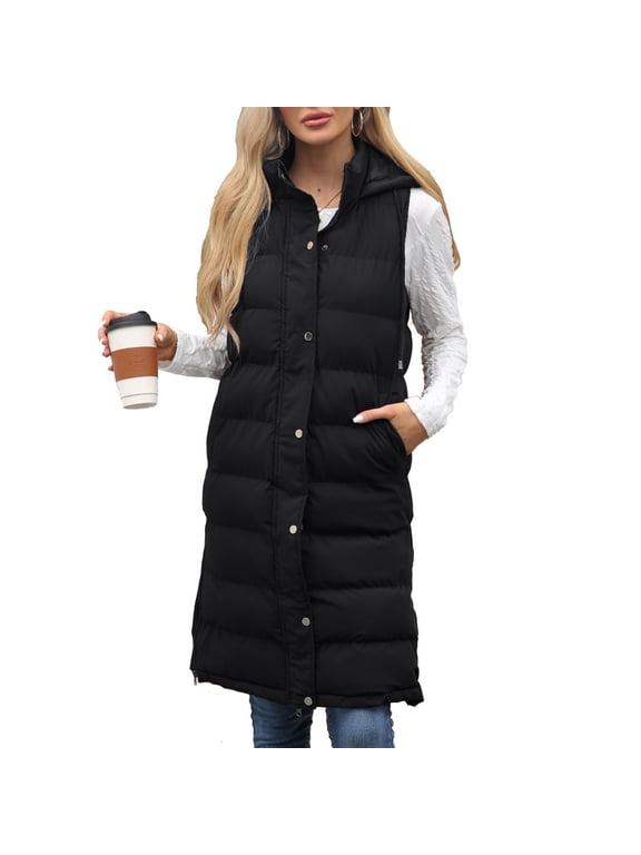 Women's Long Puffer Vest Puffy Casual Coats Quilted Jacket Bubble Outerwear Cold Weather Drawstring Knee Length Side Slit Hood Sleeveless Top Black Large