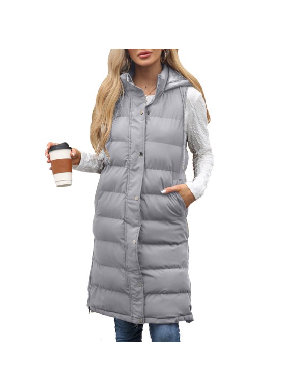 Women's Long Puffer Vest Puffy Casual Coats Quilted Jacket Bubble Outerwear Cold Weather Drawstring Knee Length Side Slit Hood Sleeveless Top Light Grey Medium