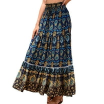 SWSMCLT Women's Long Skirt Beach Summer Fall Elastic Ruffle Gypsy High Waisted Ankle Length Pleated Elastic Waist Navy Small