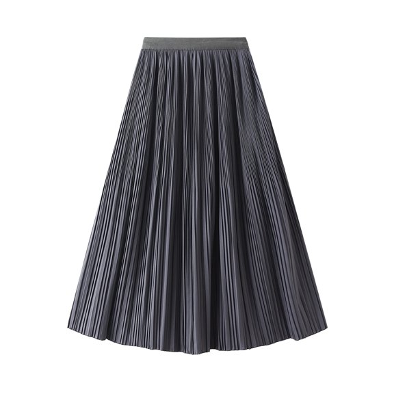 SWSMCLT Women's Long Skirt Elegant Mid Rise Winter Casual Elastic Calf Length Pleated Elastic Waist Grey X-Small-Large