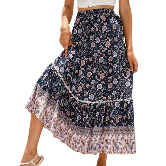 SWSMCLT Women's Long Skirt High Waisted Mid Calf Elastic Fall Hawaiian Ruffle Beach Fitted Pleated Holiday Gypsy Dark Blue 14
