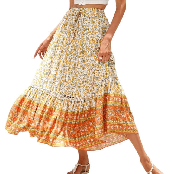 SWSMCLT Women's Long Skirt High Waisted Mid Calf Elastic Fall Hawaiian Ruffle Beach Fitted Pleated Holiday Gypsy Orange 8-10