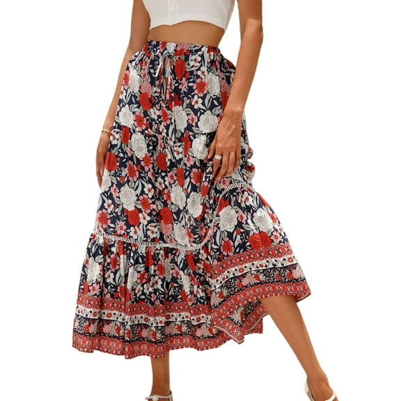 SWSMCLT Women's Long Skirt High Waisted Mid Calf Elastic Fall Hawaiian Ruffle Beach Fitted Pleated Holiday Gypsy Red 8-10