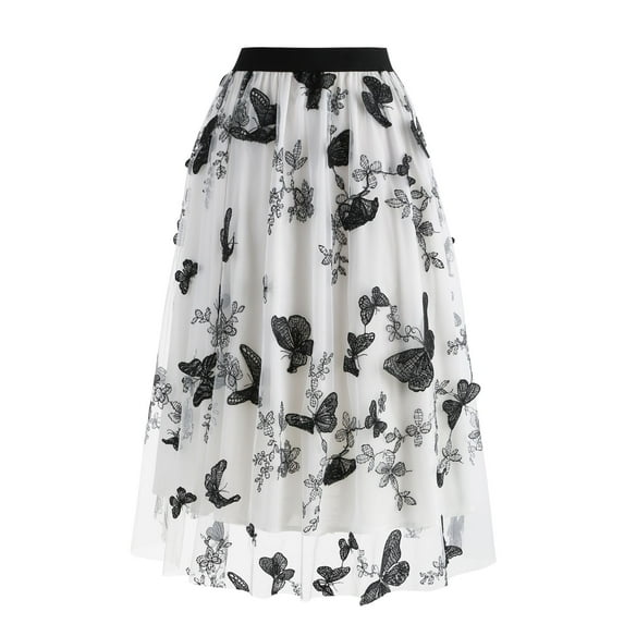 SWSMCLT Women's Long Skirt High Waisted Tulle Skirt Embroidered Elastic Waist Spring Pleated Tulle Mesh Flowy White Medium