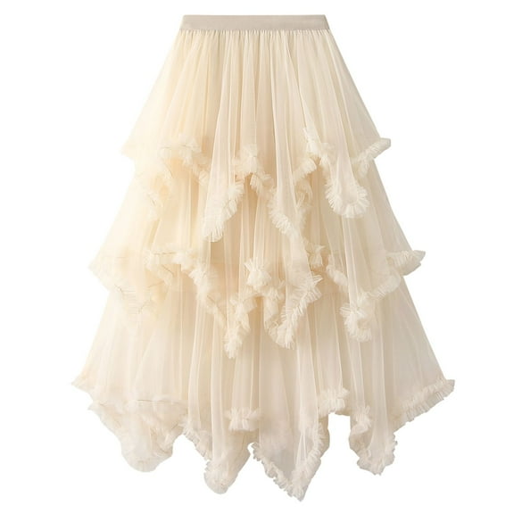 SWSMCLT Women's Long Skirt Mesh Tulle Skirt Ruffle Elastic Waist Tiered Tutu Skirt Halloween Summer Pleated Apricot X-Small-Large