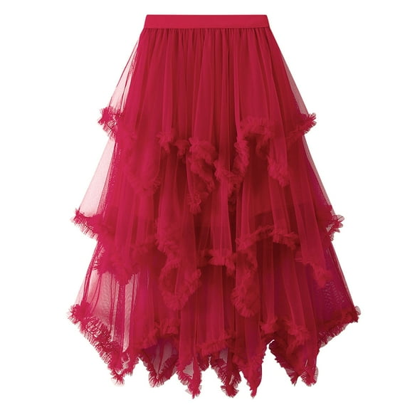 SWSMCLT Women's Long Skirt Mesh Tulle Skirt Ruffle Elastic Waist Tiered Tutu Skirt Halloween Summer Pleated Burgundy X-Small-Large