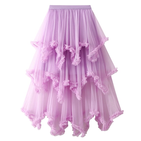 SWSMCLT Women's Long Skirt Mesh Tulle Skirt Ruffle Elastic Waist Tiered Tutu Skirt Halloween Summer Pleated Light Purple X-Small-Large