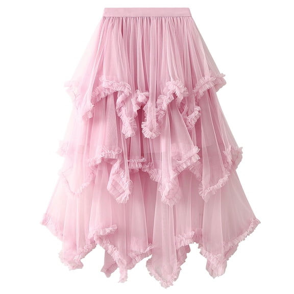 SWSMCLT Women's Long Skirt Mesh Tulle Skirt Ruffle Elastic Waist Tiered Tutu Skirt Halloween Summer Pleated Pink X-Small-Large