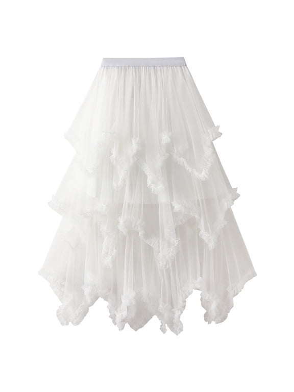 Women's Long Skirt Mesh Tulle Skirt Ruffle Elastic Waist Tiered Tutu Skirt Halloween Summer Pleated White X-Small-Large