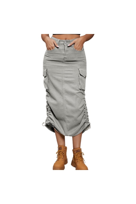 Women's Long Skirt Pleated Elastic Waist Tea Length Jean Mid Rise Drawstring Casual Pocket Cargo Light Grey Small