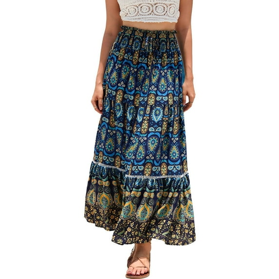 SWSMCLT Women's Long Skirt Pleated Ruffle Gypsy Spring Stretch Pull On Flowy Elastic Fashion High Waisted Beach Navy Small