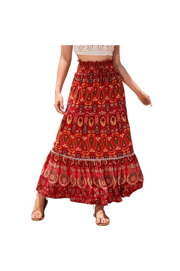 Women's Long Skirt Pleated Ruffle Gypsy Spring Stretch Pull On Flowy Elastic Fashion High Waisted Beach Red Large