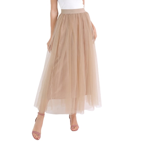 SWSMCLT Women's Long Skirt Pleated Tulle Skirt High Waist Halloween Layered A Line Flowy Casual Elegant Basic Tutu Skirt Khaki Small-X-Large