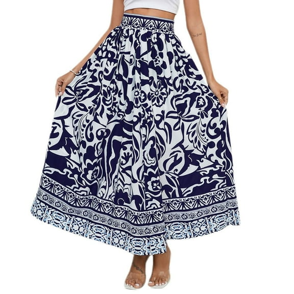 SWSMCLT Women's Long Skirt Printed Hippie Ankle Length Boho Skirts Gypsy Elastic Waist Summer Stretchy Holiday High Waisted Style Medium