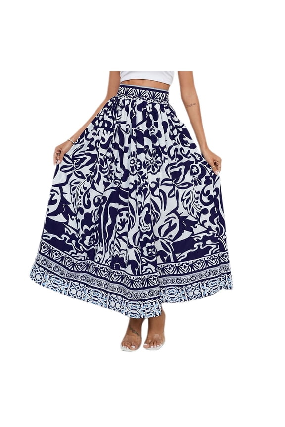 Women's Long Skirt Printed Hippie Ankle Length Boho Skirts Gypsy Elastic Waist Summer Stretchy Holiday High Waisted Style Small