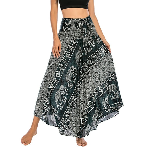 SWSMCLT Women's Long Skirts Tie Front Skirt Bohemian Summer Dress Gypsy Indian Maxi High Waist Flowy Hippie Boho Elephant Printed Dresses Elastic Waist Black One Size