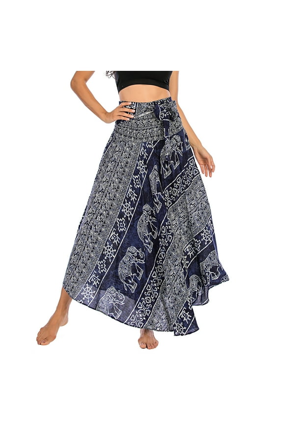 Women's Long Skirts Tie Front Skirt Bohemian Summer Dress Gypsy Indian Maxi High Waist Flowy Hippie Boho Elephant Printed Dresses Elastic Waist Navy One Size