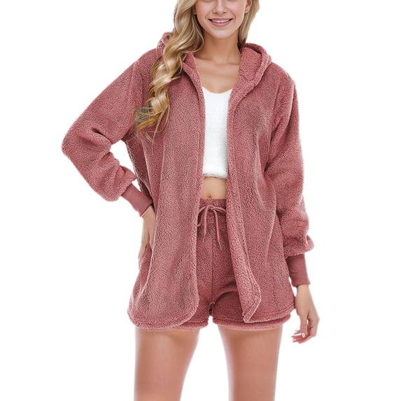 SWSMCLT Women's Long Sleeve 2 Piece Shorts Tracksuit Soft Winter Cami Long Sleeve Hoodie Coat Outfits High Waisted Peach Medium