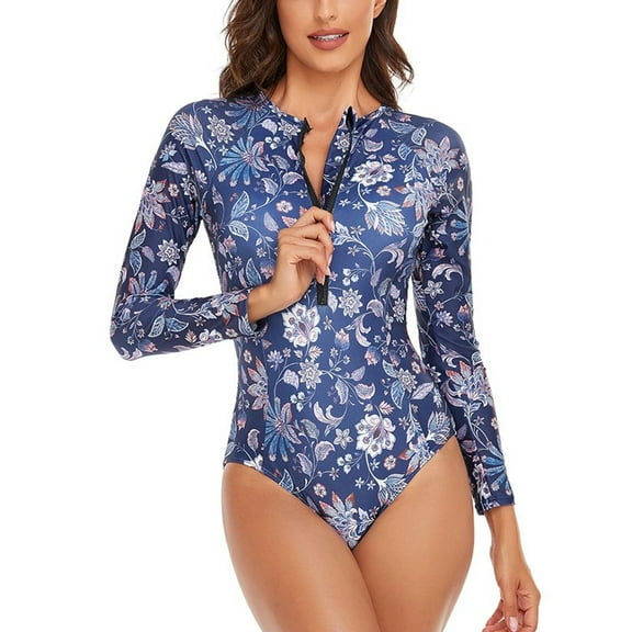 SWSMCLT Women's Long Sleeve Bathing Suit Short Surf Swimwear One Piece Swimsuit Cheeky Zip Slimming Beach Navy 8-10