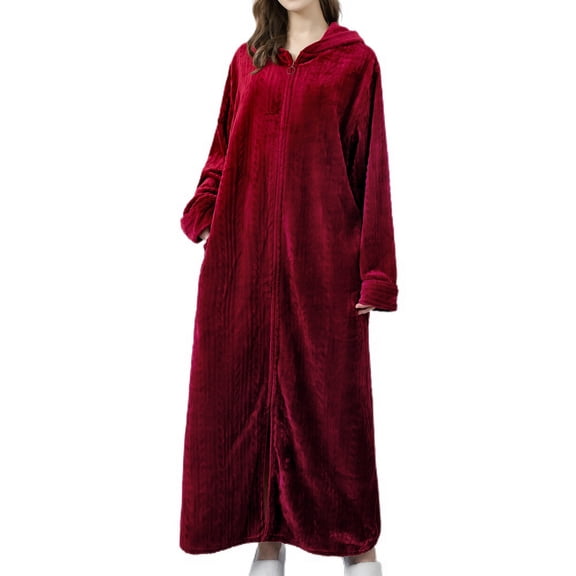 SWSMCLT Women's Long Sleeve Bathrobes Ladies Oversized Extra Long House Coat Hooded Zipper Front Fuzzy Fleece Bathrobe Soft Plush Housecoat Warm Fluffy Maxi Duster Robe Burgundy Medium