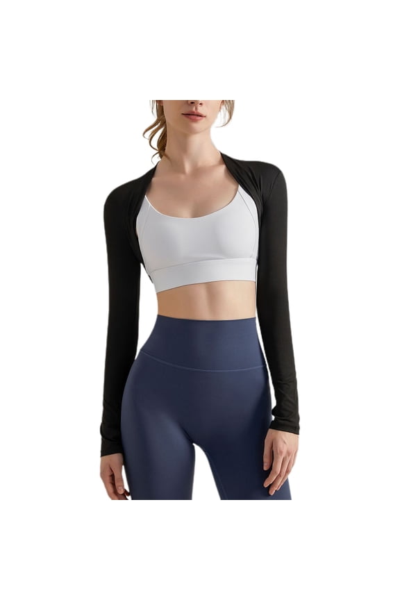 Women's Long Sleeve Beloro Shrug Crop Top Thumb Hole Open Front Fitted Light Workout Gym Cut Out Short Sweatshirt Black Large