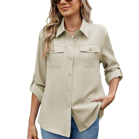 SWSMCLT Women's Long Sleeve Blouse Fashion Fall Lapel Comfy Boyfriend Blouses Button Down Shirt Spring Apricot Medium