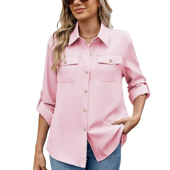 SWSMCLT Women's Long Sleeve Blouse Fashion Fall Lapel Comfy Boyfriend Blouses Button Down Shirt Spring Pink Large